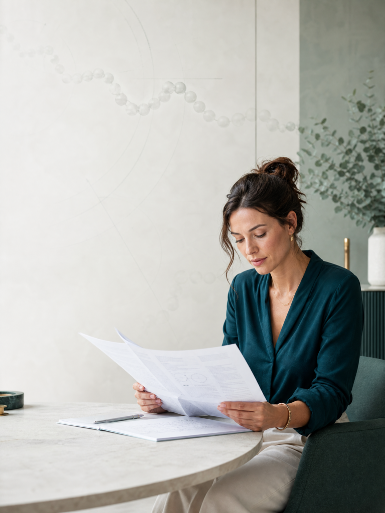 Home 1 Person bei der reflektierten Einordnung wissenschaftlicher Peptidinformationen in einer ruhigen Arbeitsumgebung.