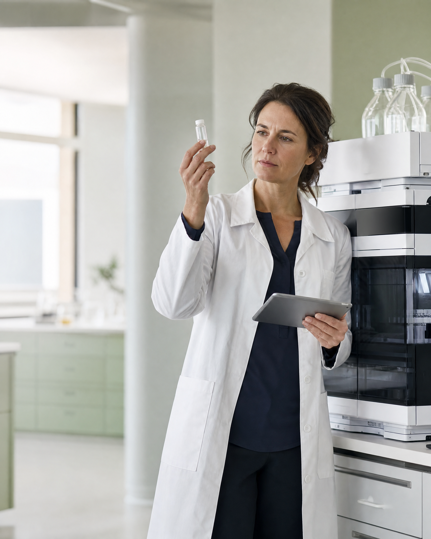 Laboranalytik für Peptidprodukte Laboranalytikerin bei der Auswertung einer Peptidprobe